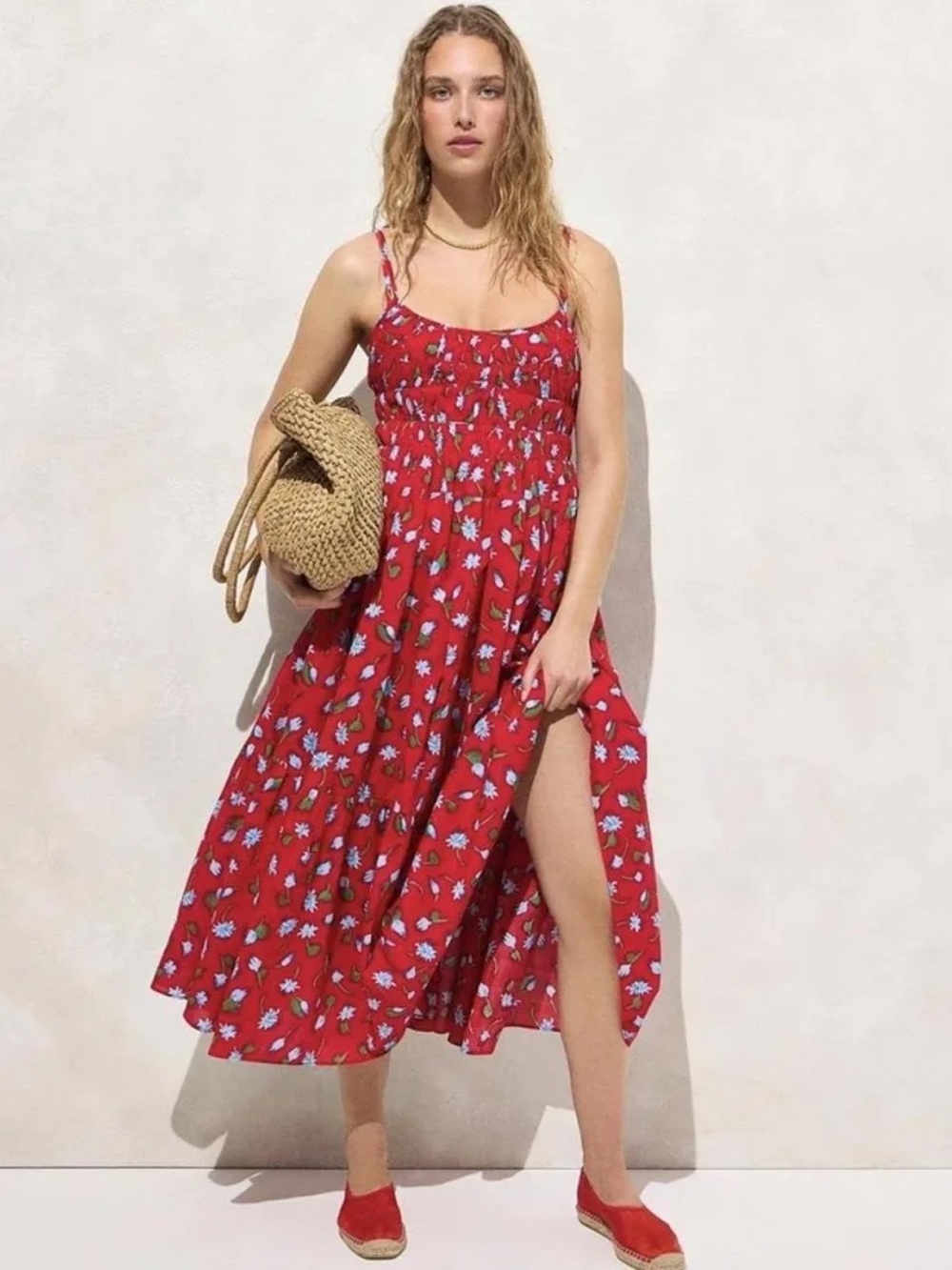 J.Crew Red Floral Smocked Tiered Maxi Dress, Size S
